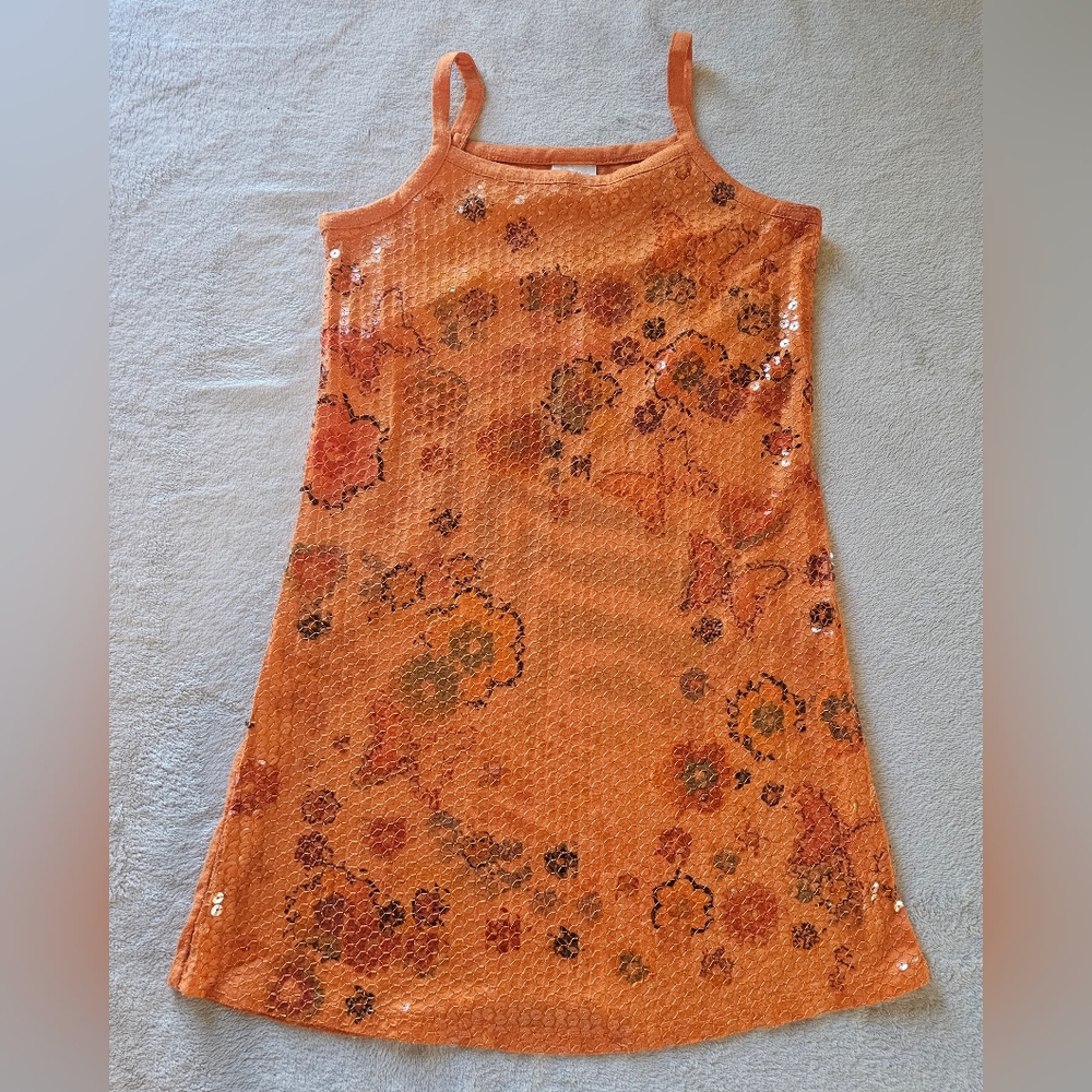 Xhilaration Girls Orange Floral Sequin Dress With Spaghetti Straps Size 6